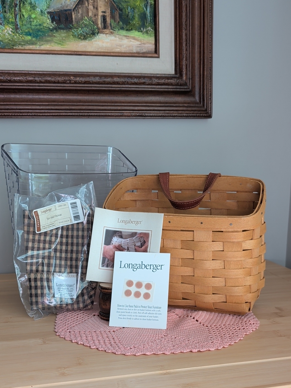 Longaberger Warm Brown Wall Pocket Basket with Protector & Liner NEW
